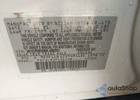 2021 Nissan Kicks S Xtronic Cvt z USA, uszkodzony, nr VIN 3N1CP5BV0ML498257